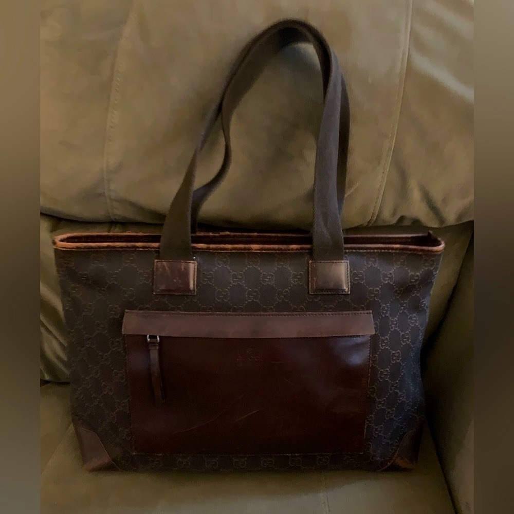 Authentic GUCCI Tote BAG Signature GG Canvas Fabric, Brown Leather Trim Purse - Picture 16 of 16